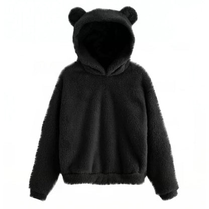 Teddy Fleece Hoodie Oversized Fit Bear Ear Hood Side Pockets