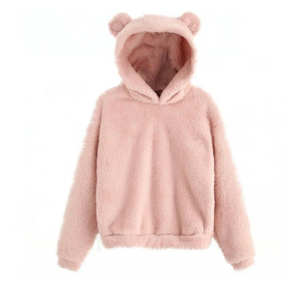 Teddy Fleece Hoodie Oversized Fit Bear Ear Hood Side Pockets