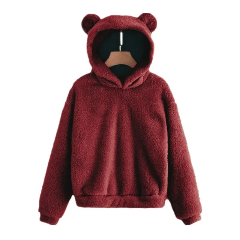 Teddy Fleece Hoodie Oversized Fit Bear Ear Hood Side Pockets