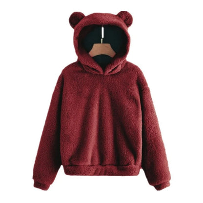 Teddy Fleece Hoodie Oversized Fit Bear Ear Hood Side Pockets