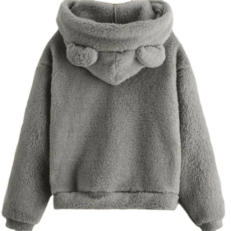 Teddy Fleece Hoodie Oversized Fit Bear Ear Hood Side Pockets