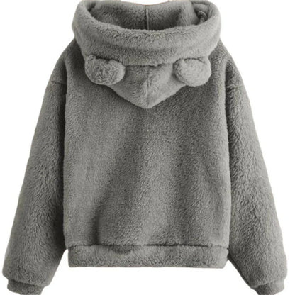 Teddy Fleece Hoodie Oversized Fit Bear Ear Hood Side Pockets