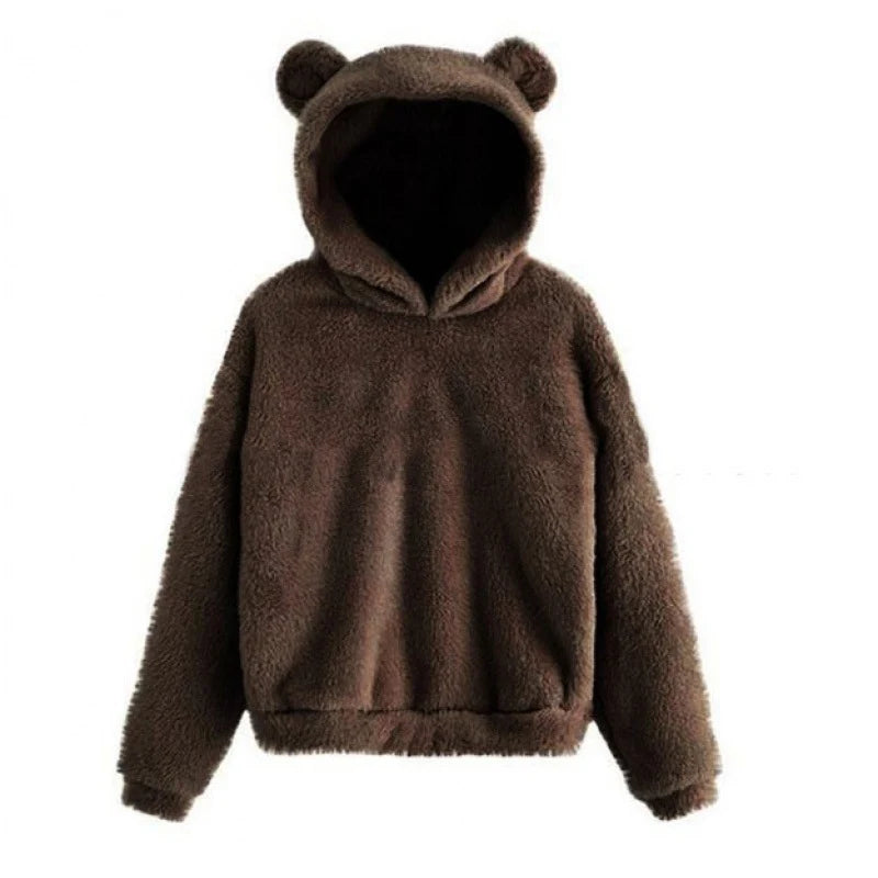 Teddy Fleece Hoodie Oversized Fit Bear Ear Hood Side Pockets