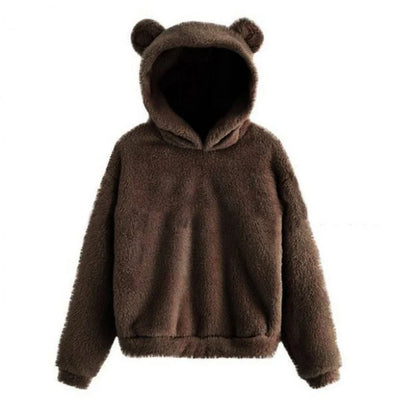 Teddy Fleece Hoodie Oversized Fit Bear Ear Hood Side Pockets