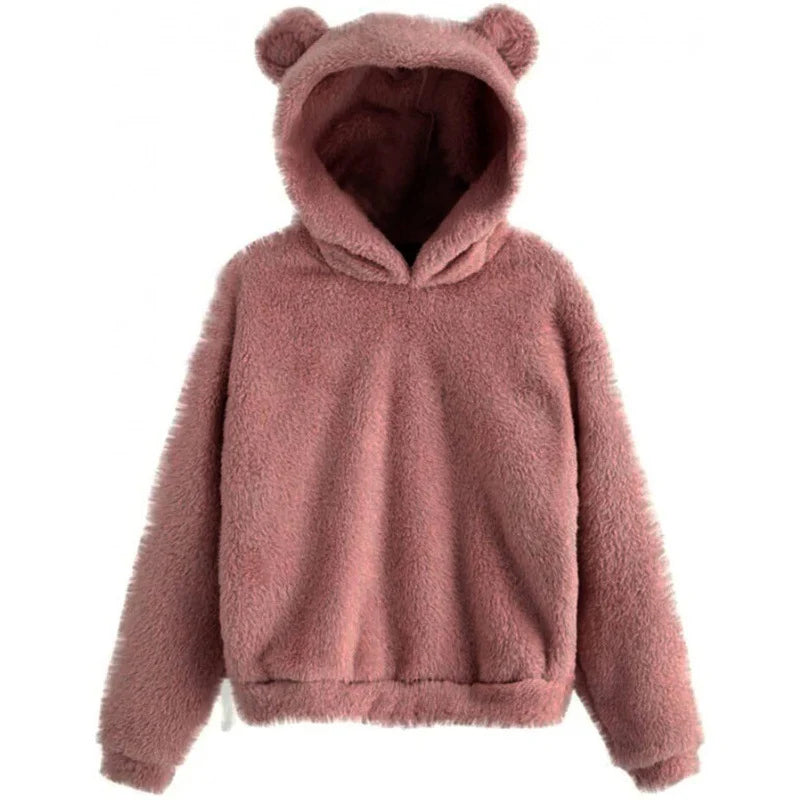 Teddy Fleece Hoodie Oversized Fit Bear Ear Hood Side Pockets