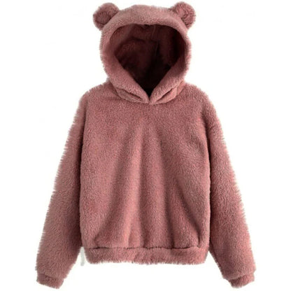 Teddy Fleece Hoodie Oversized Fit Bear Ear Hood Side Pockets