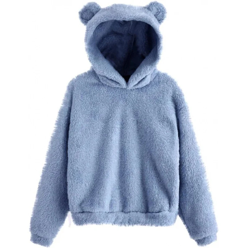 Teddy Fleece Hoodie Oversized Fit Bear Ear Hood Side Pockets
