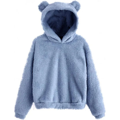 Teddy Fleece Hoodie Oversized Fit Bear Ear Hood Side Pockets