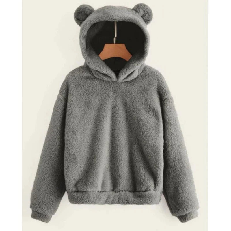 Teddy Fleece Hoodie Oversized Fit Bear Ear Hood Side Pockets