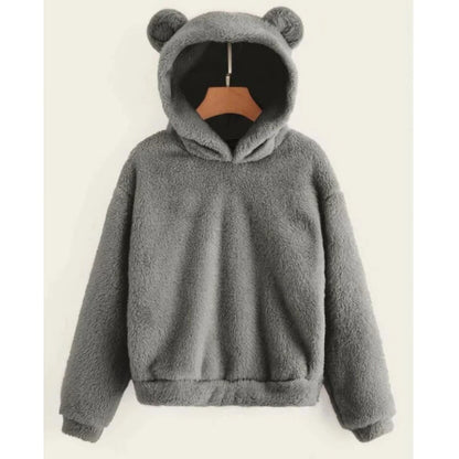 Teddy Fleece Hoodie Oversized Fit Bear Ear Hood Side Pockets