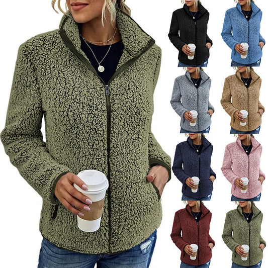 Teddy Fleece Jacket Lightweight Warm Stand-Up Collar Zippered Pockets