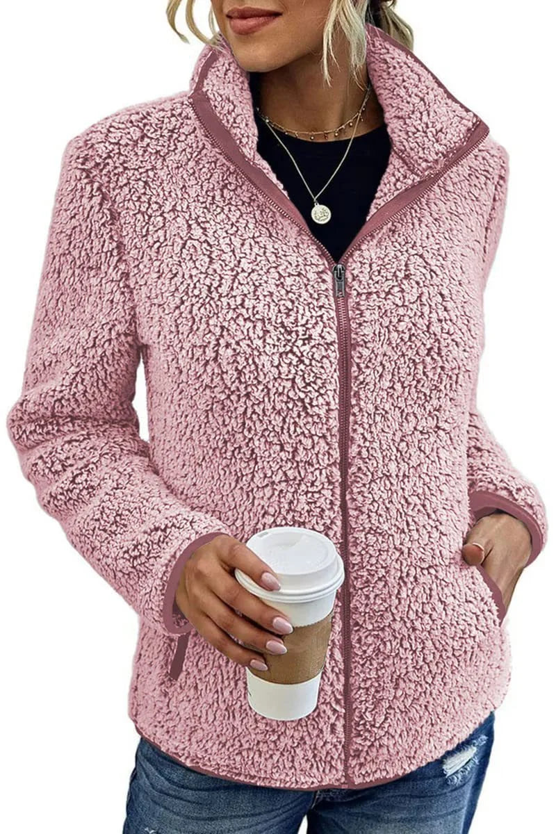 Teddy Fleece Jacket Lightweight Warm Stand-Up Collar Zippered Pockets