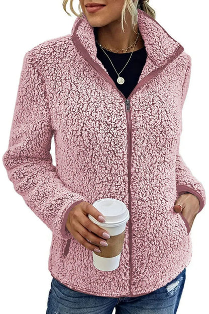 Teddy Fleece Jacket Lightweight Warm Stand-Up Collar Zippered Pockets