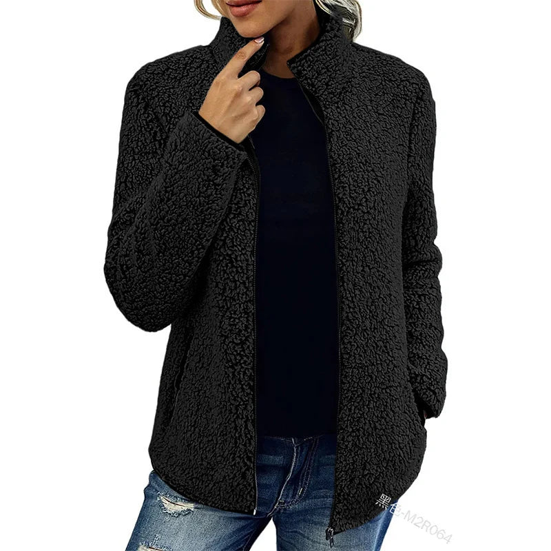 Teddy Fleece Jacket Lightweight Warm Stand-Up Collar Zippered Pockets