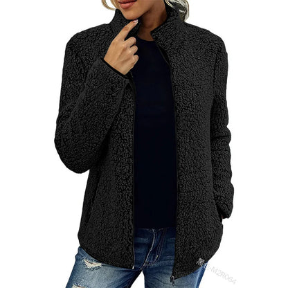 Teddy Fleece Jacket Lightweight Warm Stand-Up Collar Zippered Pockets