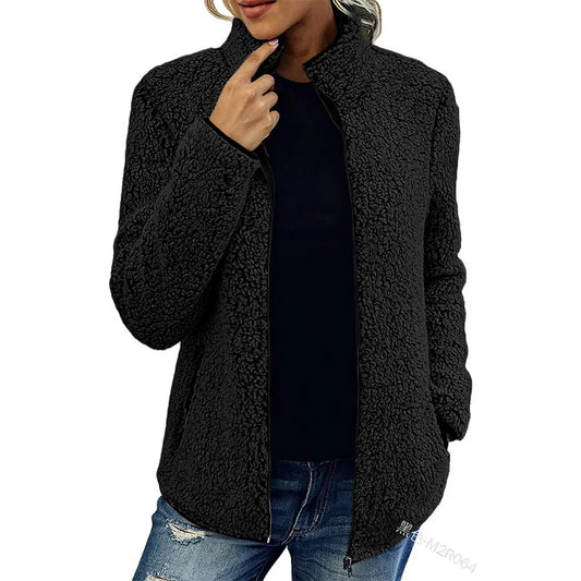 Teddy Fleece Jacket Lightweight Warm Stand-Up Collar Zippered Pockets