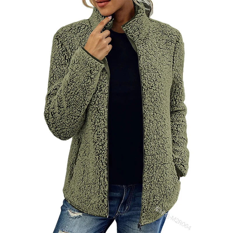 Teddy Fleece Jacket Lightweight Warm Stand-Up Collar Zippered Pockets