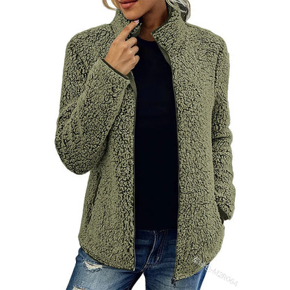 Teddy Fleece Jacket Lightweight Warm Stand-Up Collar Zippered Pockets