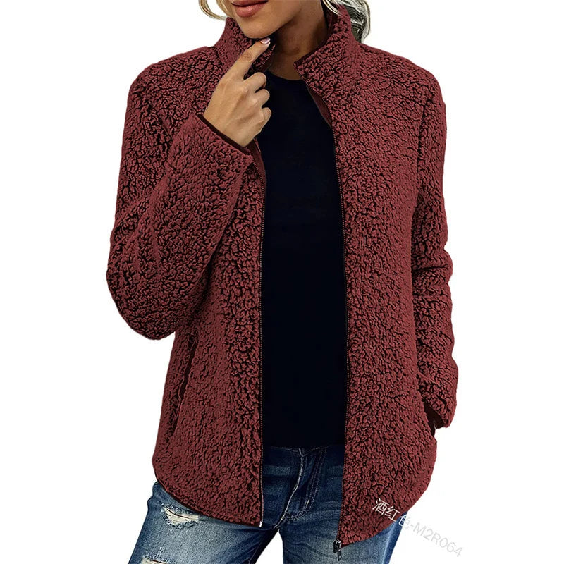 Teddy Fleece Jacket Lightweight Warm Stand-Up Collar Zippered Pockets