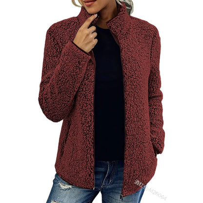 Teddy Fleece Jacket Lightweight Warm Stand-Up Collar Zippered Pockets