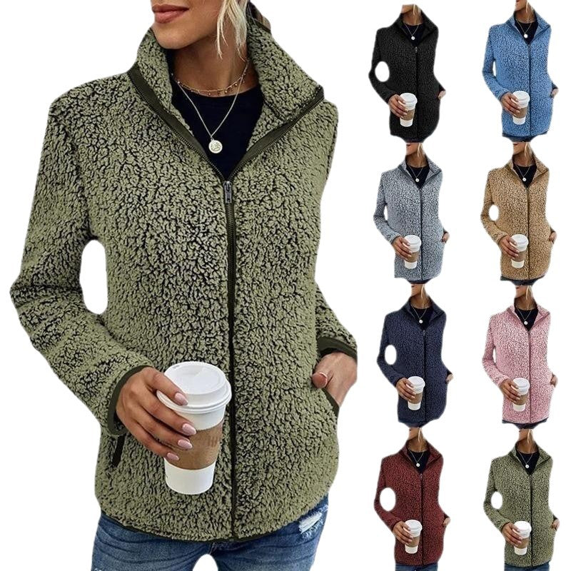 Teddy Fleece Jacket Lightweight Warm Stand-Up Collar Zippered Pockets