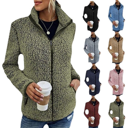 Teddy Fleece Jacket Lightweight Warm Stand-Up Collar Zippered Pockets