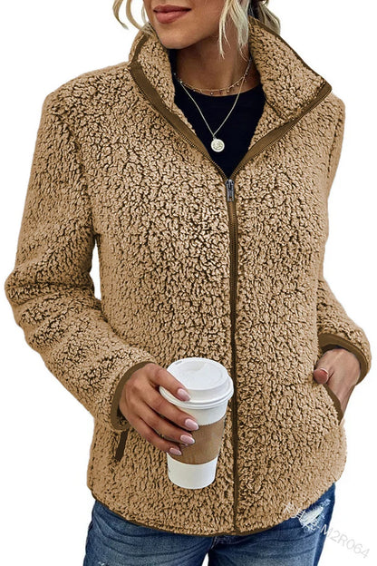 Teddy Fleece Jacket Lightweight Warm Stand-Up Collar Zippered Pockets