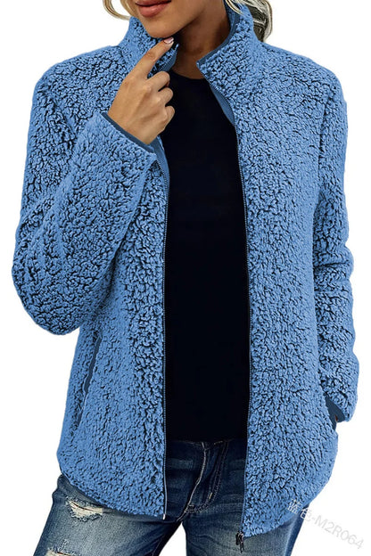 Teddy Fleece Jacket Lightweight Warm Stand-Up Collar Zippered Pockets