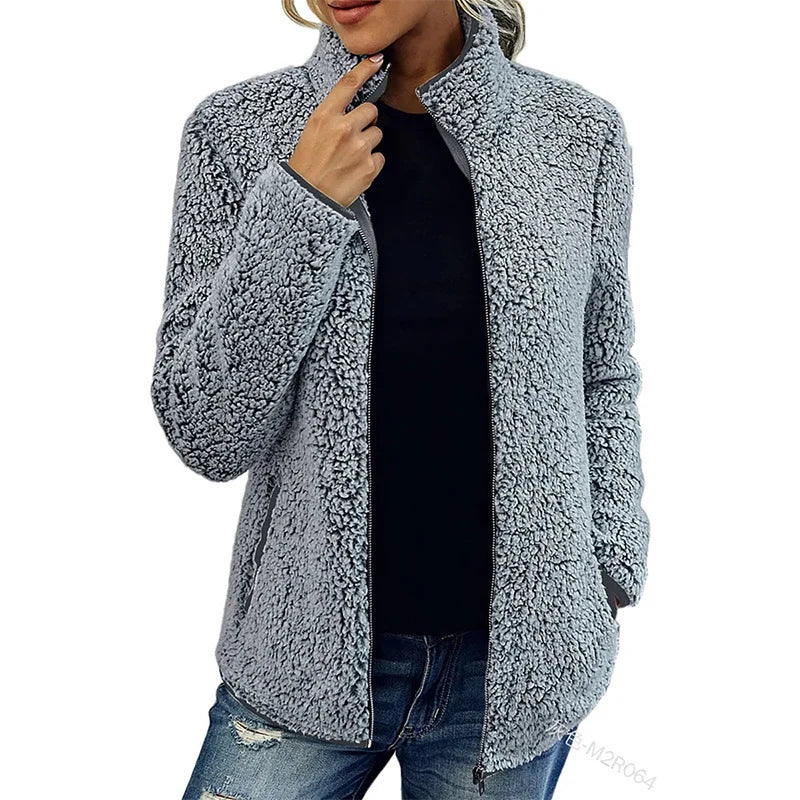 Teddy Fleece Jacket Lightweight Warm Stand-Up Collar Zippered Pockets