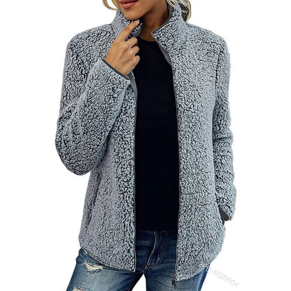 Teddy Fleece Jacket Lightweight Warm Stand-Up Collar Zippered Pockets