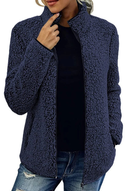 Teddy Fleece Jacket Lightweight Warm Stand-Up Collar Zippered Pockets