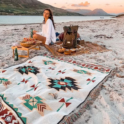 Throw Blanket Linen Cotton Blend Lightweight With Tassel Trim