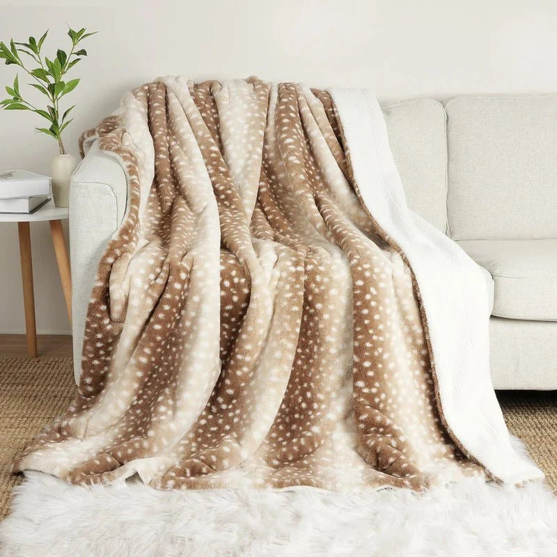 Throw Blanket Reversible Plush Faux Fur Deer Print
