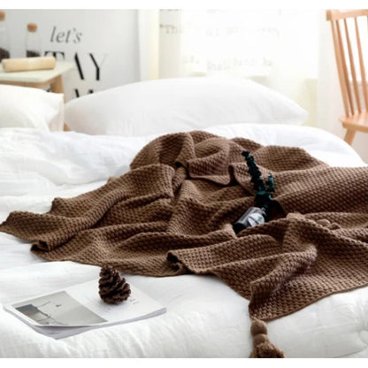 Throw Blanket Waffle Knit Acrylic Pom-Pom Tassels 130×170cm