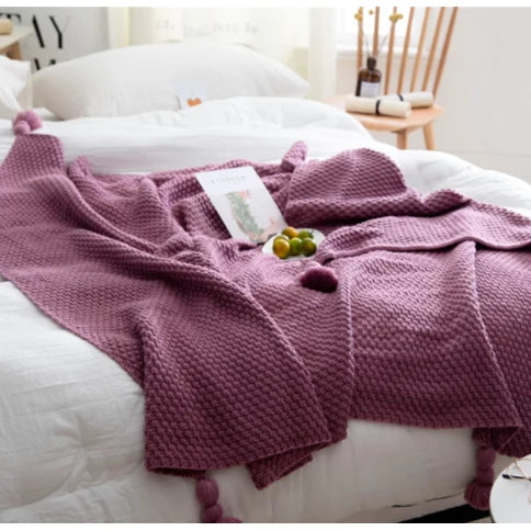 Throw Blanket Waffle Knit Acrylic Pom-Pom Tassels 130×170cm