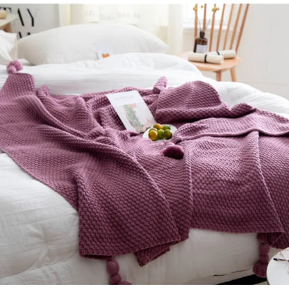Throw Blanket Waffle Knit Acrylic Pom-Pom Tassels 130×170cm