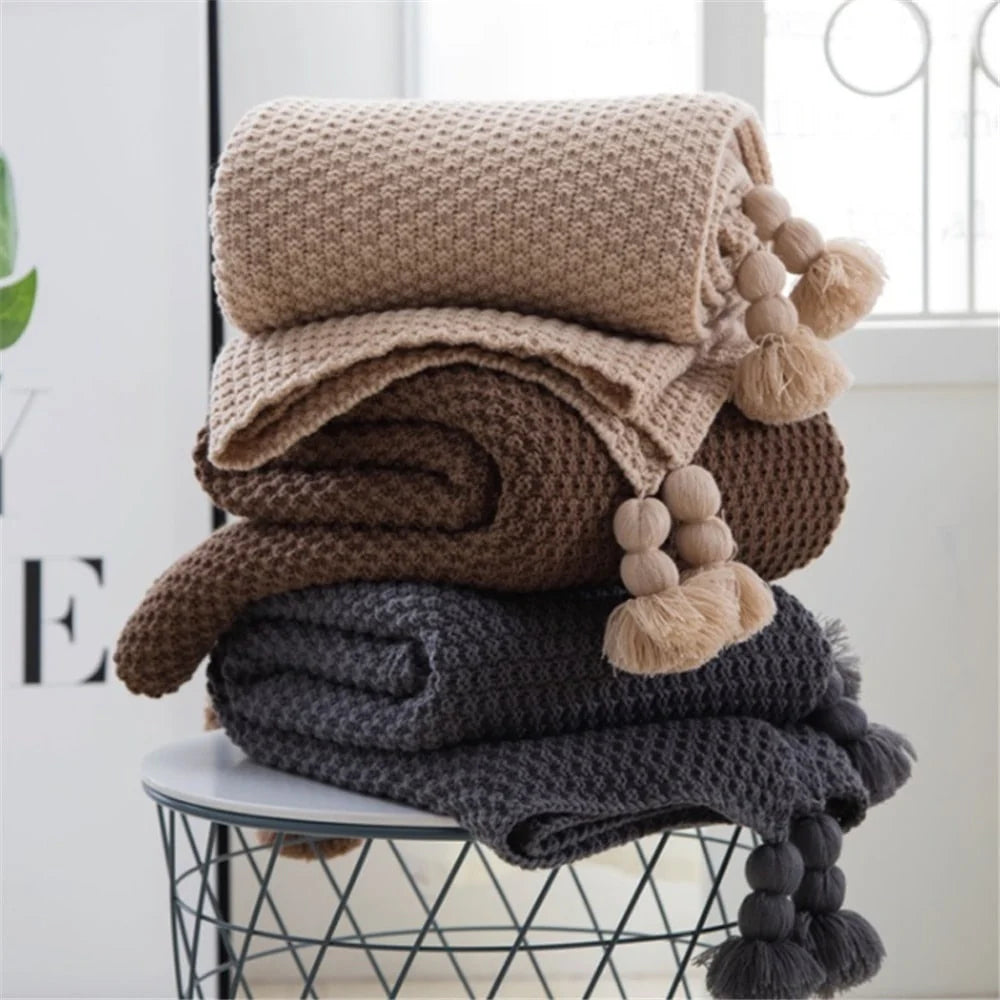 Throw Blanket Waffle Knit Acrylic Pom-Pom Tassels 130×170cm
