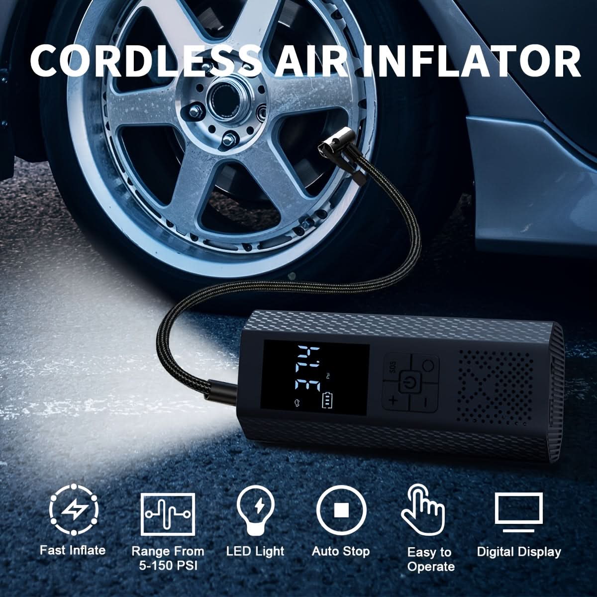 Tire Inflator Cordless Rechargeable Digital LED Display 150 PSI