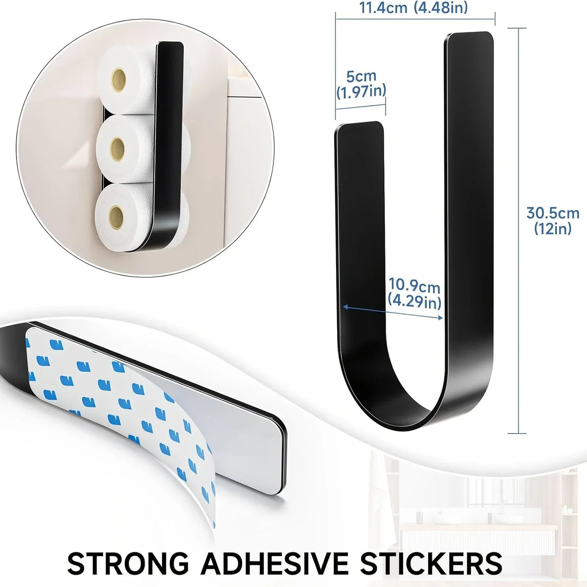 Toilet Paper Holder Drill-Free Adhesive Holds Three Rolls