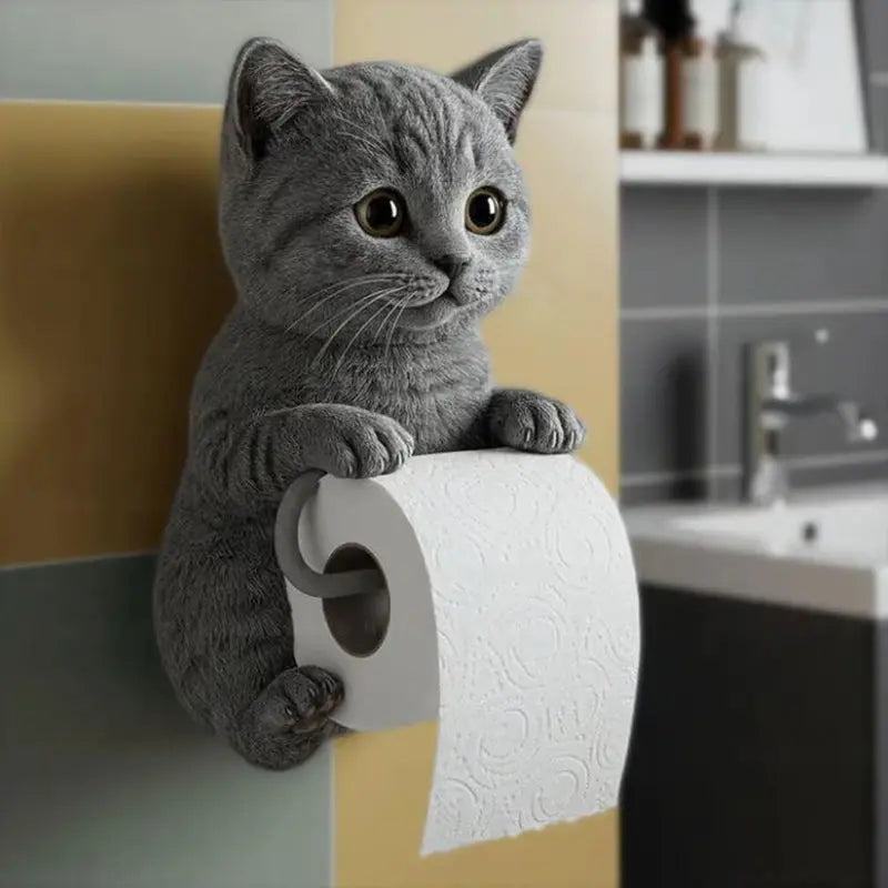 Toilet Paper Holder Playful Cat Design Durable Resin Wall-Mount