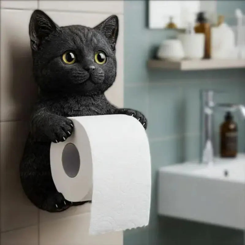 Toilet Paper Holder Playful Cat Design Durable Resin Wall-Mount
