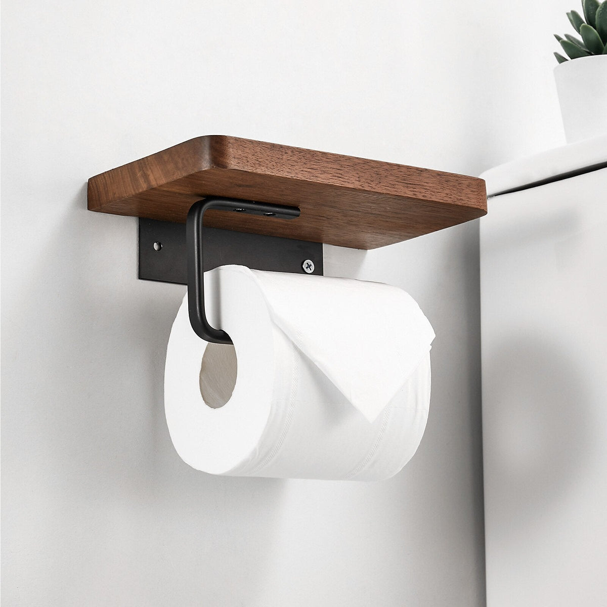 Toilet Paper Holder Wall-Mounted Solid Wood Shelf