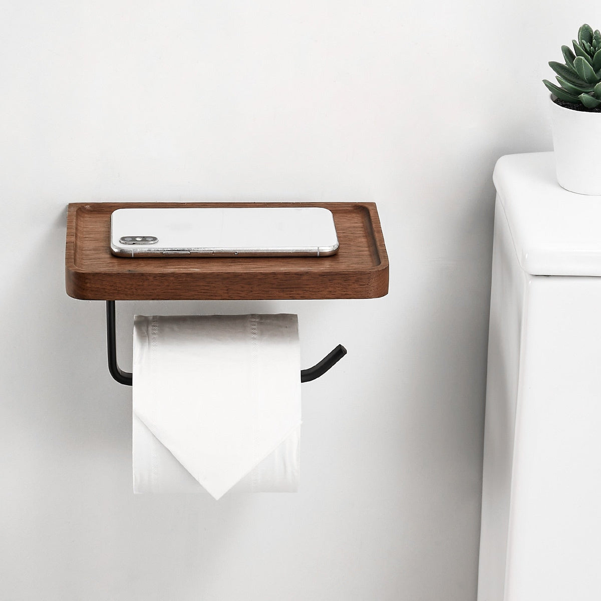 Toilet Paper Holder Wall-Mounted Solid Wood Shelf