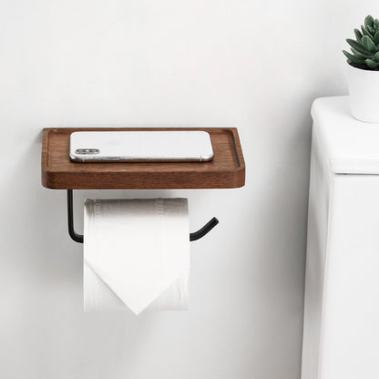 Toilet Paper Holder Wall-Mounted Solid Wood Shelf