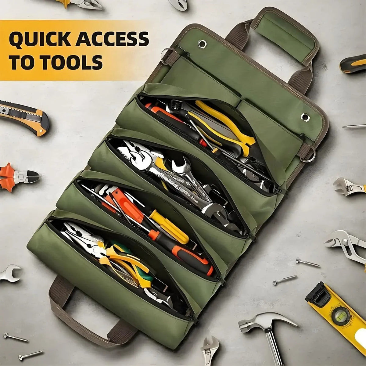 Tool Roll Organizer Roll-Up Multiple Pockets & Carrying Handle