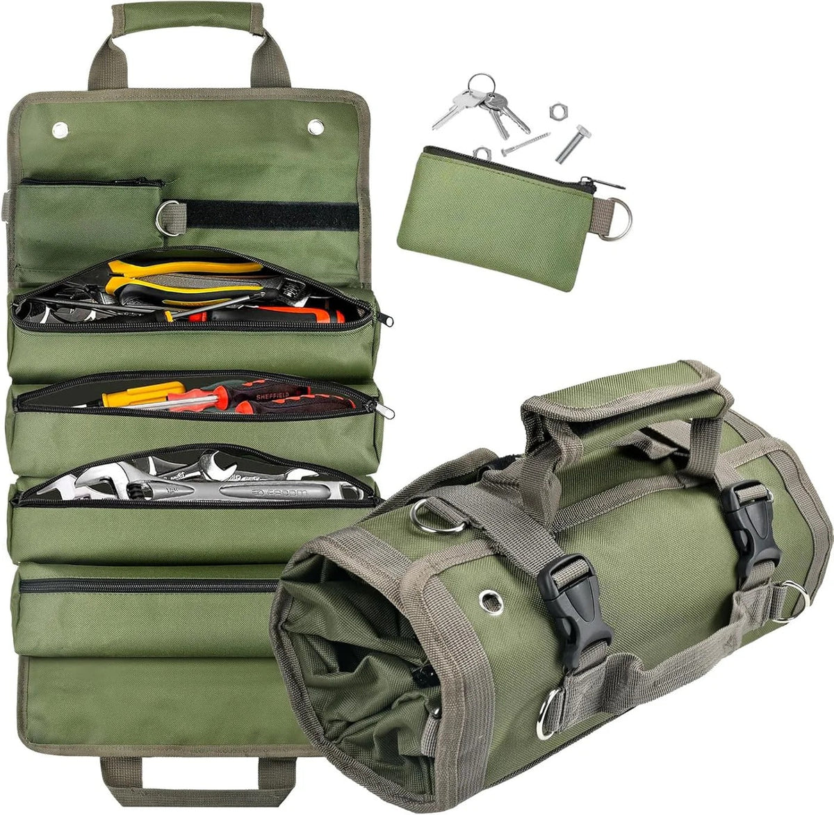 Tool Roll Organizer Roll-Up Multiple Pockets & Carrying Handle