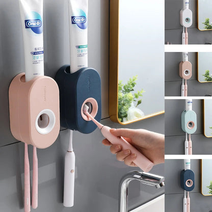 Toothpaste Dispenser Push-Button Wall-Mounted Toothbrush Hooks