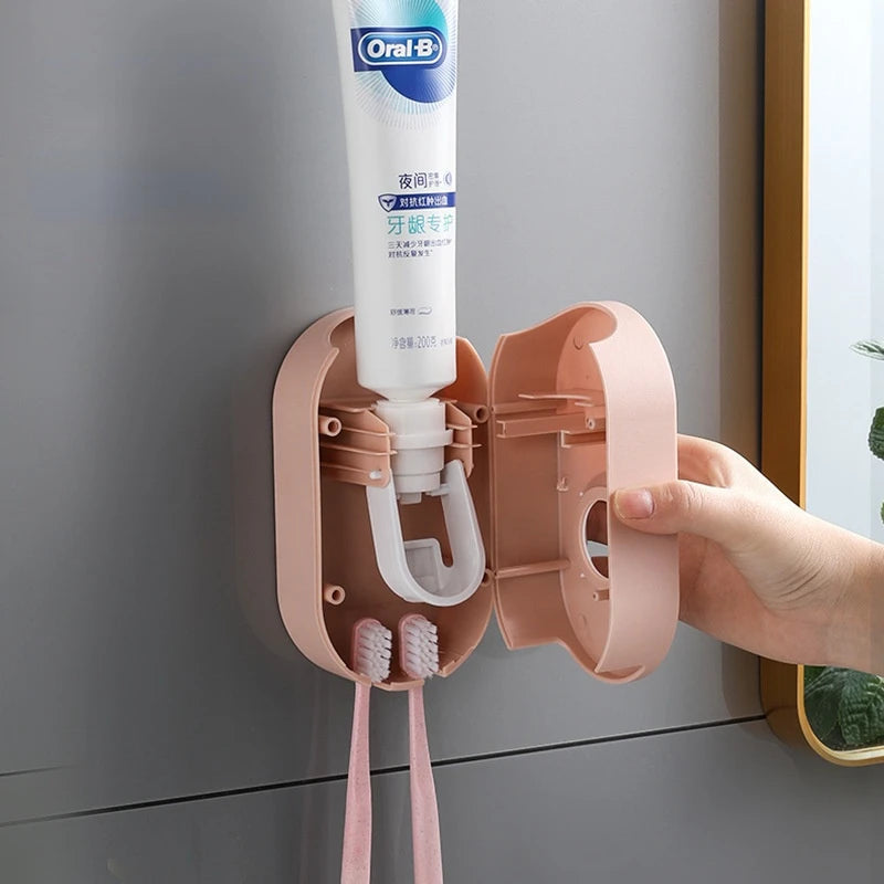 Toothpaste Dispenser Push-Button Wall-Mounted Toothbrush Hooks