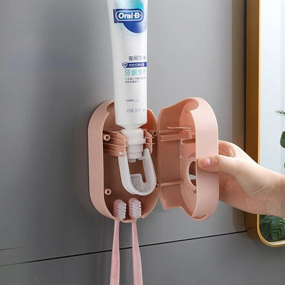 Toothpaste Dispenser Push-Button Wall-Mounted Toothbrush Hooks