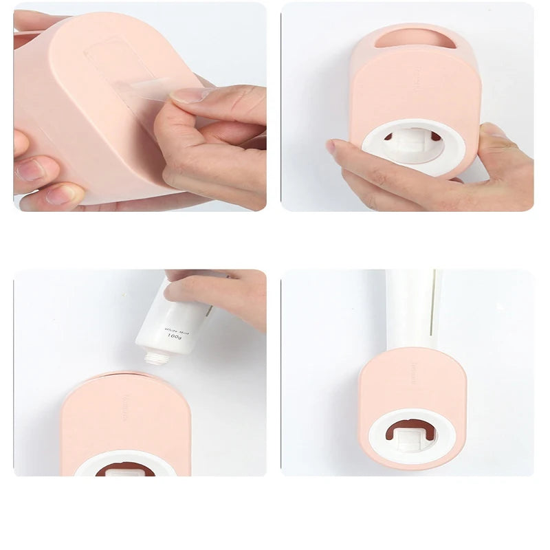 Toothpaste Dispenser Push-Button Wall-Mounted Toothbrush Hooks